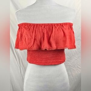 Patrons of Peace Cropped Smocked Ruffled Coral Top sz Large Beachy Summer